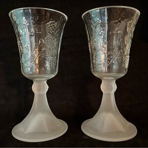 Tiera Indiana Glass Water Goblets (2) Frosted Stem Cross & Last Supper 6.5" 8oz